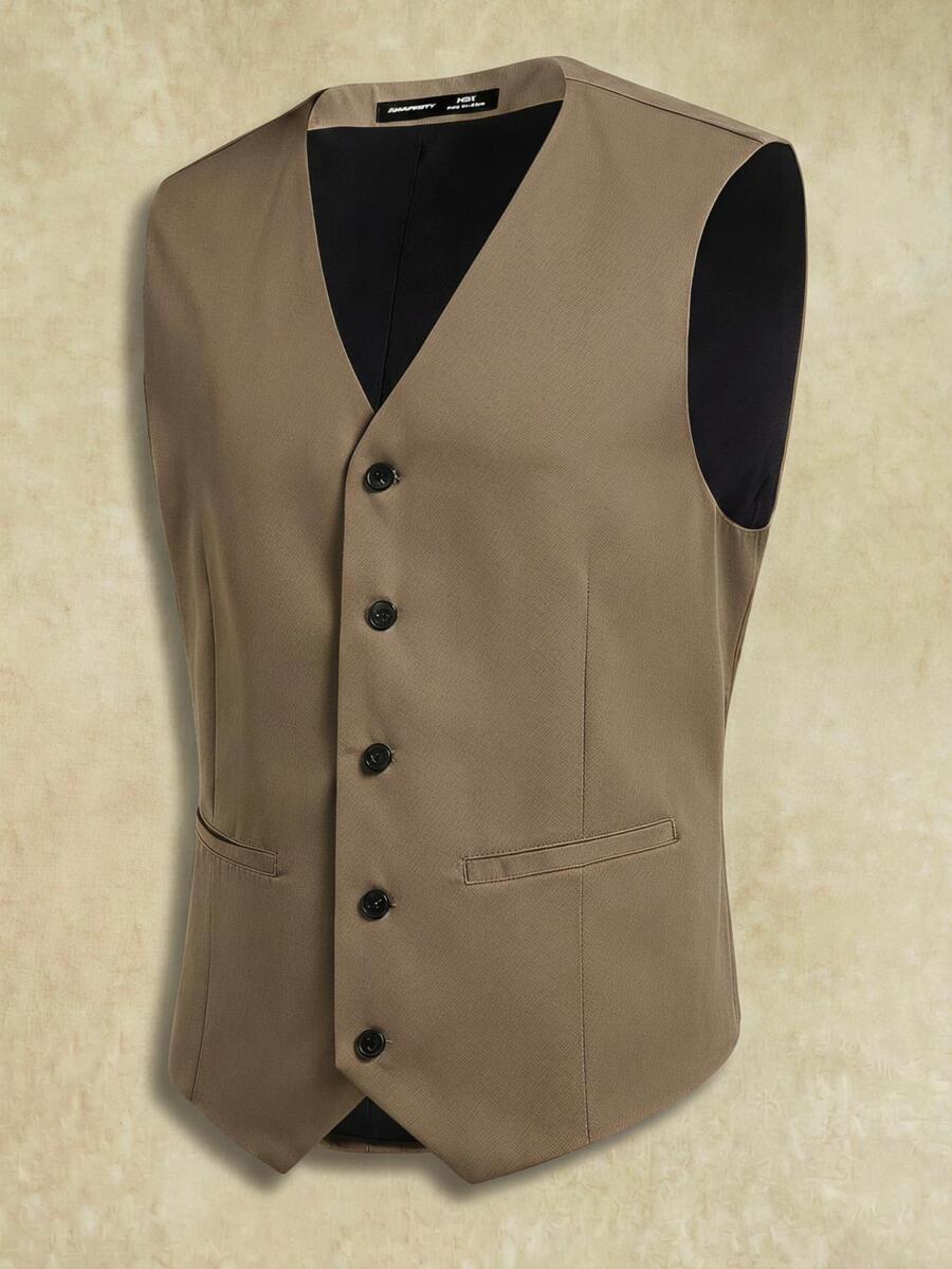 HIMLAND Men's Woven Fitted Casual Sleeveless Suit Vest, Suitable For Spring And Summer - Khaki - View 1