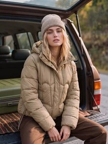 WanderVale Winter Khaki Detachable Hood Drawstring Pocket Decor Long Sleeve Padded Coat - Khaki - View 10