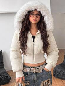 SHEIN Teen Girl Minimalist Thermal Lined Thick High Waist Hooded Solid Color Fur Collar Jacket, Autumn/Winter/All Season Wear - Beige - View 6