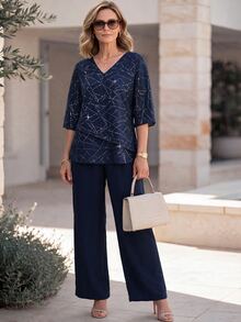 EMERY ROSE Middle-Aged Women Rhinestone V-Neck 3/4 Sleeve Blouse And Long Pants Elegant Set - Multicolor - View 7