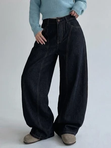 DAZY Women's Pocket Wide Leg Loose Casual Versatile Denim Jeans - Blue - View 6