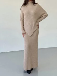 Aloruh 酒紅色針織兩件套 新款秋季 - 杏色 - 查看 3