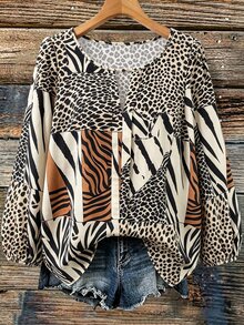 Linhara Plus Size Vacation Leopard & Zebra Print Patchwork Colorblock Top - Multicolor - View 1