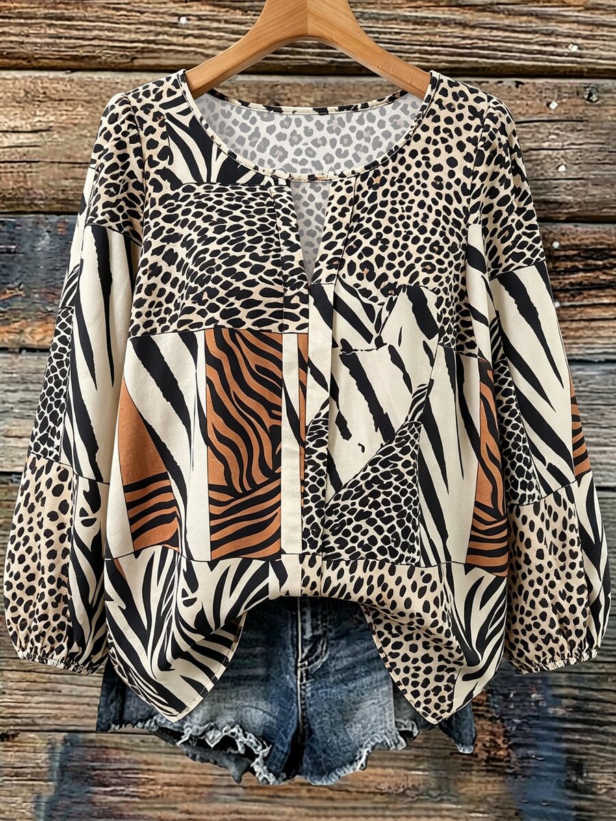 Linhara Plus Size Vacation Leopard & Zebra Print Patchwork Colorblock Top - Multicolor - View 1