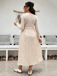 SHEIN 孕婦綠色長袖圓領休閒百搭洋裝，秋季女裝穿搭 - 杏色 - 查看 2