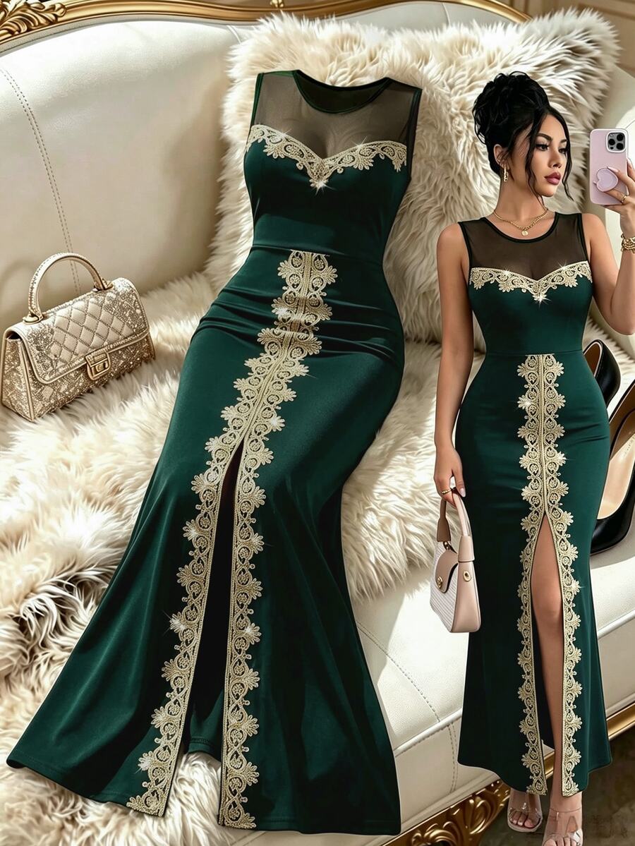 Selianne 女款對比刺繡圓領網紗拼接高開衩無袖洋裝 - 墨綠色 - 查看 1