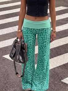 Muchica 女款秋季復古綠色豹紋拼接撞色休閒百搭長褲，適合日常通勤、派對、秋冬春夏、聖誕節、新年、感恩節、婚禮、海灘、畢業典禮、優雅、外出、約會、通勤、情人節、度假、Y2K、畢業典禮等場合 - 彩色 - 查看 5