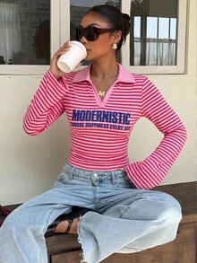 Muchica 女款條紋字母印花休閒日常長袖T恤 - 白色 - 查看 3