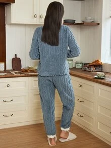 Doze Lane Five-Point Star Embroidered Contrast Color Autumn/Winter Plush Long Sleeve Long Pants Pajama Set - Dusty Blue - View 2