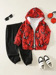 SHEIN 2pcs/Set Kids Young Boy Autumn/Winter Casual Jacket And Pants Set, Jacket Set, Boys Set, Autumn/Winter Set, Sports Set, Red Set - Multicolor - View 4