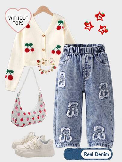 Baby Girl Denim Jeans, All-Season New Style, Cute & Playful, Vintage Medium Blue, Elastic Waistband + Cherry Patch Embroidery Design, Combined With Snow Wash Effect, Straight Wide Leg Fit, Soft & Comfortable Fabric, Fashionable & Versatile, Suitable For Daily Wear, Parties, Outings And More Occasions, All-Season New Style Baby Girl Denim Jeans
