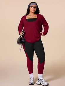 SHEIN Rhythm Era طقم رياضي شتوي مقاس كبير تي شيرت بغطاء رأس وسروال ضيق بألوان متباينة - متعدد الألوان - مشاهدة 5