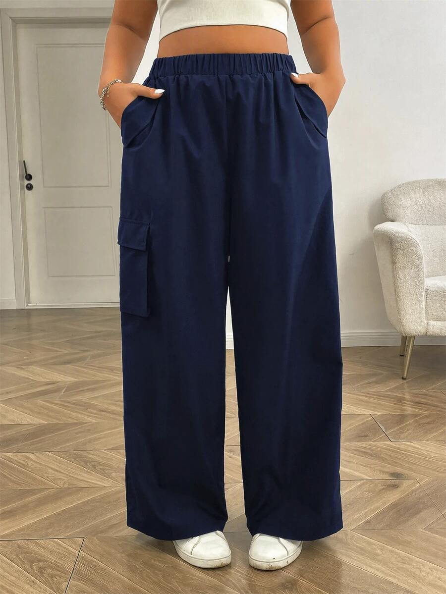SHEIN EZwear 海軍藍直筒大尺碼女款工裝口袋休閒長褲 - 藏蓝色 - 查看 1