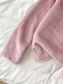 SHEIN Tween Girl 秋季/冬季 珊瑚絨毛套頭上衣與長褲 2 件套居家服套裝，粉紅色，女童服飾套裝 - 藕粉色 - 查看 5