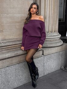 Aloruh Women's Autumn/Winter Solid Color Asymmetrical Shoulder Long Sleeve Elegant Knit Dress - Dark Grey - View 1