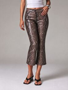 Athîral Women's Slim Fit Brown Checkered Capri Pants,PU Finish,Low Rise,Flared Hem,Snake Print,Summer,90s Revival Freaky,Punk Street,Daily Everyday Night - Khaki - View 7
