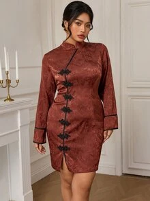 EastFlair Plus Size Women's Elegant Long Sleeve Dress With Frog Button Design And Jacquard Pattern - Rust Brown - View 1