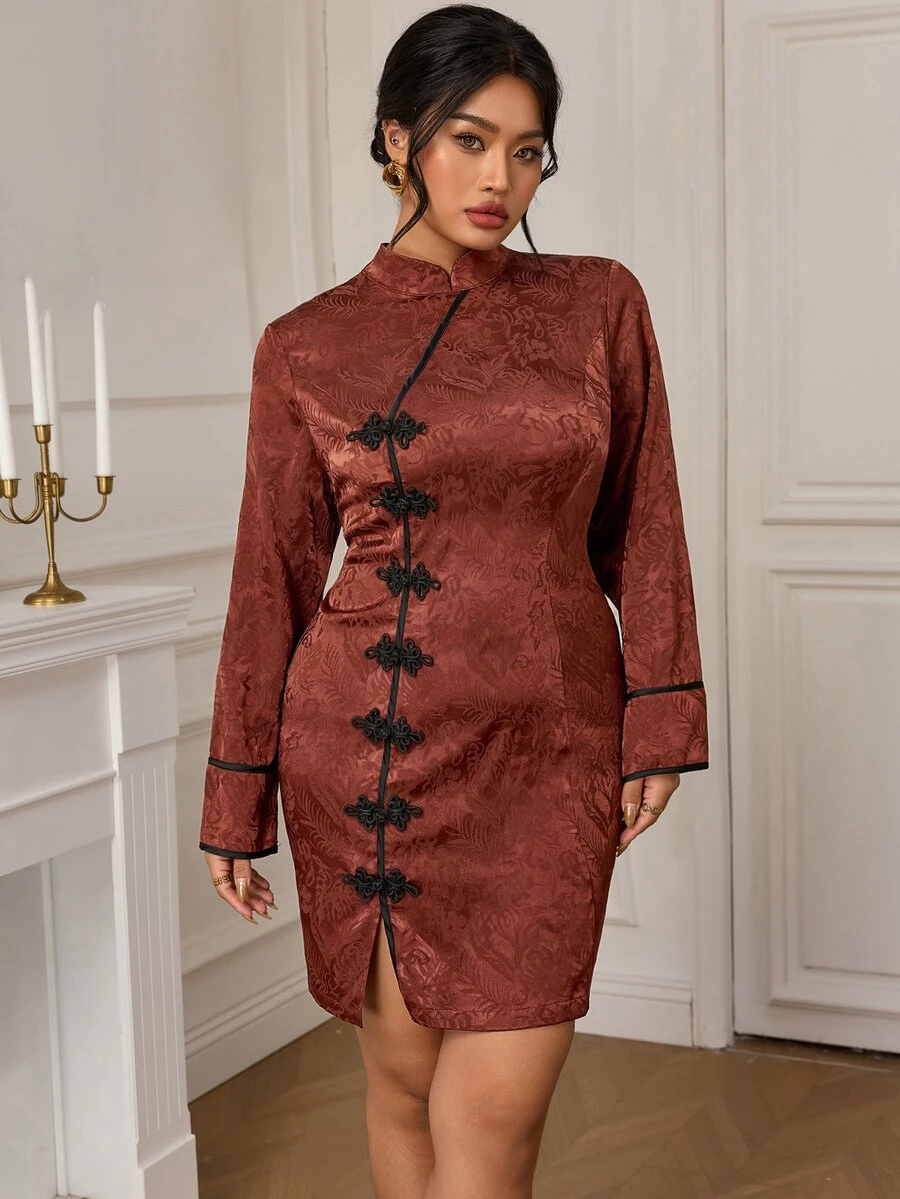 EastFlair Plus Size Women's Elegant Long Sleeve Dress With Frog Button Design And Jacquard Pattern - Rust Brown - View 1