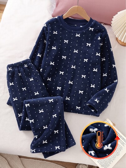 Teen Girls Gentle Sweet Style Navy Blue All-Over Print White Bow Design Double-Sided Flannel Soft Skin-Friendly Fabric Loose Drop Shoulder Long Sleeve Straight Leg Pants Casual Fit Autumn/Winter Fleece Lined Thickened Warm Pajama Set Loungewear