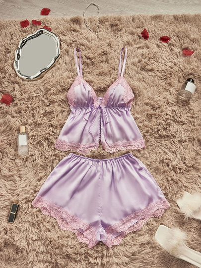 SHEIN Women's Contrast Lace Camisole Top And Shorts Pajama Set
