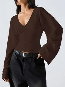LYSMO 95% Cotton Bell Sleeve Women's Top, Solid Brown, Suitable For Spring And Autumn - Brown - View 4