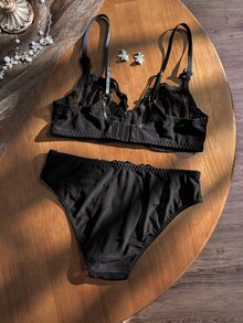 Divavoom Women's Sheer Leaf Lace Lingerie Set, Underwire Unlined Bra & Matching Mesh Panty, Adjustable Thin Straps Mini Bow Decor 2 Pieces See Through Intimate - Black - View 2