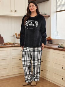 Doze Lane Casual Plush Plaid Print Letter Embroidered Plus Size Long Pajama Set - Black - View 3