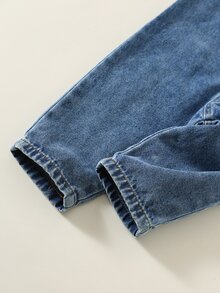SHEIN 中性嬰兒男嬰/女嬰 2件組秋冬可愛條紋領衛衣與牛仔吊帶褲套裝 男嬰套裝 秋季 - 藏蓝色 - 查看 7