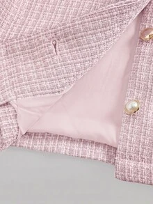 SHEIN 青少年女孩秋冬款白色粉色金屬鈕扣優雅休閒圓領短款粗花呢夾克，秋季服飾，校園穿搭 - 粉色 - 查看 6