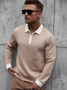 Manfinity CasualCool 男士拼色長袖 Polo 領襯衫，休閒時尚日常穿著、通勤，適合秋季、正式場合，白色長袖 Polo 衫，男士 Polo 衫，紋理提花面料，紋理 Polo，翻領 Polo，春秋男裝，淺色奢華成熟裝飾輕商務 - 杏色 - 查看 5