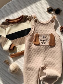 SHEIN 中性嬰兒男嬰/女嬰、幼兒 2 件組秋冬抓絨加厚可愛條紋運動衫套裝，小狗圖案吊帶褲套裝，嬰兒冬季衣物，聖誕 - 鏽棕色 - 查看 7