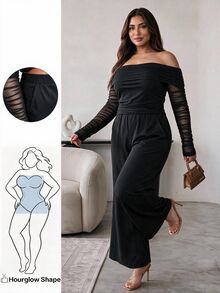 Hourglow Plus Size Women's Off-Shoulder Mesh Patchwork Long Sleeve Top And Pants Set - Black - View 1
