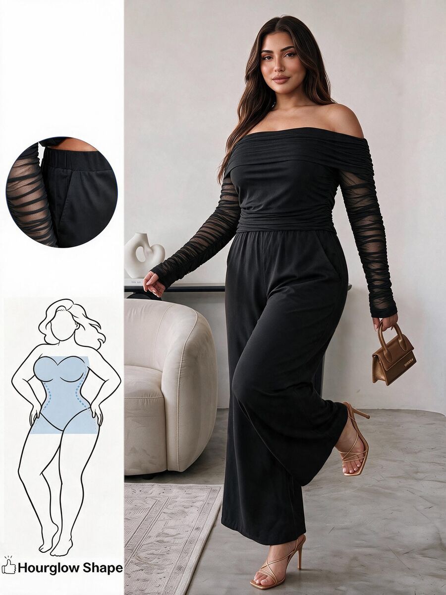 Hourglow Plus Size Women's Off-Shoulder Mesh Patchwork Long Sleeve Top And Pants Set - Black - View 1