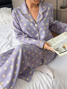 Napfluff Bubble Crinkle Star Print Lapel Long Sleeve Long Pants Pajama Set - Purple - View 6