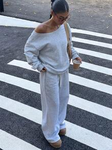 Muchica Autumn New Plus Size Women's Asymmetric Shoulder Plus Size Fluffy Fleece Elastic Loose Casual Sweatshirt And Sweatpants 2 Pieces Set - Light Grey - View 4