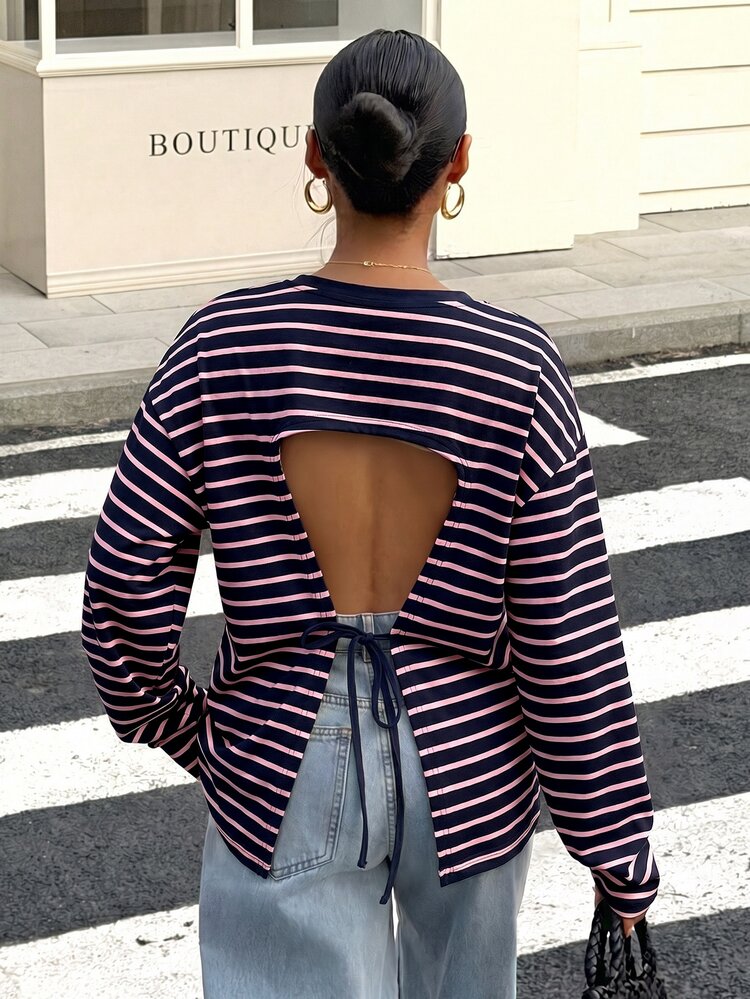 Muchica Women's Loose Black Striped Backless Tie Long Sleeve T-Shirt, Suitable For Outfits, Back To School, Street Style, Backless Top - Black and White - View 2