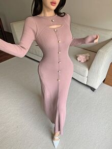 Feyla Women's Solid Color Button Design Cutout Long Sleeve Fitted Elegant Knit Dress - Dusty Pink - View 5