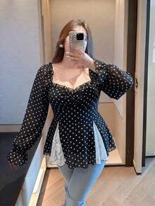 Vibekara New Elegant Sweet Chiffon & Contrast Lace Puff Sleeve Blouse, Frill Trim Cropped Shirt For Women, Slim Fit Fall - Black - View 4