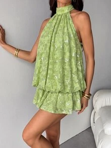 SHEIN Tall Spring/Summer Solid Color Sequin Cold Shoulder Women's Mini Dress - Green - View 5
