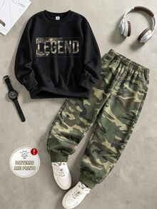 Boys (Big) Sweatshirt Set, Black Sweatshirt With Camouflage Texture "LEGEND" Letter Print On Chest, Ribbed Cuffs And Hem, Matching Camouflage Jogger Pants With Ribbed Cuffs - Multicolor - View 1