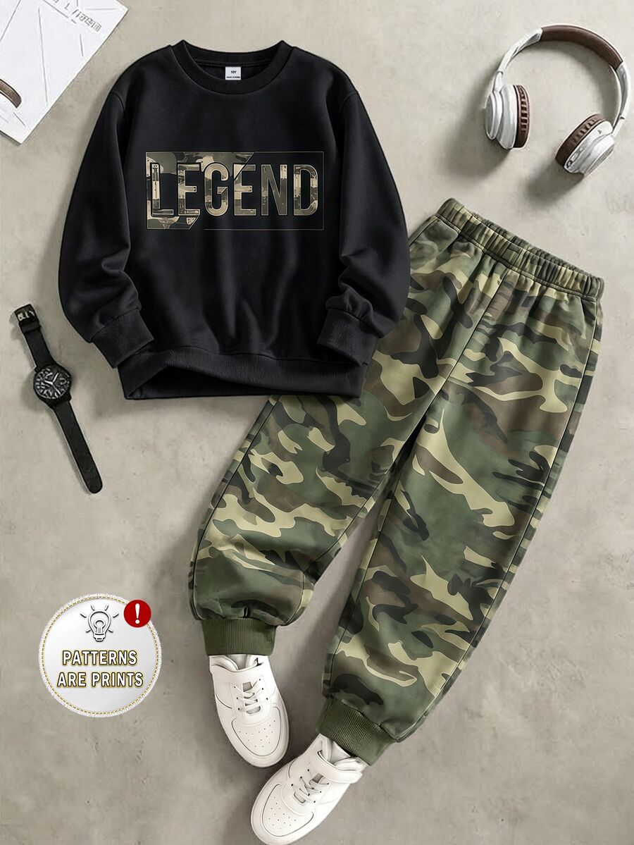Boys (Big) Sweatshirt Set, Black Sweatshirt With Camouflage Texture "LEGEND" Letter Print On Chest, Ribbed Cuffs And Hem, Matching Camouflage Jogger Pants With Ribbed Cuffs - Multicolor - View 1