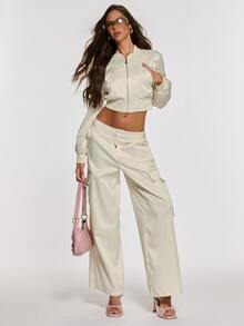 Opulessa Fall/Winter Women's Solid Color Long Sleeve Zipper Front Cropped Baseball Jacket And Cargo Wide Leg Pants Casual 2 Pieces Set - Apricot - View 6