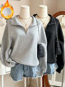 SHEIN Unity Damen 2-teiliges Set mit lockerem Schnitt, Spalt-Reißverschluss und Revers in Schwarz und Grau, Pullover-Sweatshirt für Herbst/Winter, Schulanfang, geeignet für Damen-Treffen, Dates, Arbeit, Pendeln, Alltag, Abschlusszeit, Abschlussfeier, Lehrertag, Thanksgiving, essentielles Arbeits- und Pendler-Outfit, Damen-Sweatshirt - Verschiedenfarbig - Übersicht 1