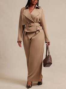 SHEIN SXY Plus Size Women's Solid Color Long Sleeve Jacket And Wide Leg Pants Casual Suit 2 Pieces Set - Khaki - View 10