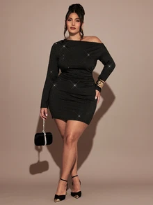 SHEIN BAE CURVE Plus Size Women Black Asymmetrical Shoulder Rhinestone Long Sleeve Dress - Black - View 2