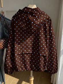 Solflare Polka Dot Print Hooded Casual Plus Size Jacket Autumn Fall - Mocha Brown - View 2