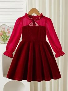 Young Girls Velvet Mesh Long Sleeve Dress, Bow Neck Cutout A-Line Flared Dress, Red Princess Party B - Red - View 6