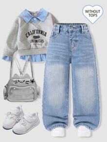SHEIN 少女 Y2K 街頭日常彈力腰直筒牛仔褲，附平口袋，女孩日常 OOTD 套裝 - 深色水洗藍 - 查看 4