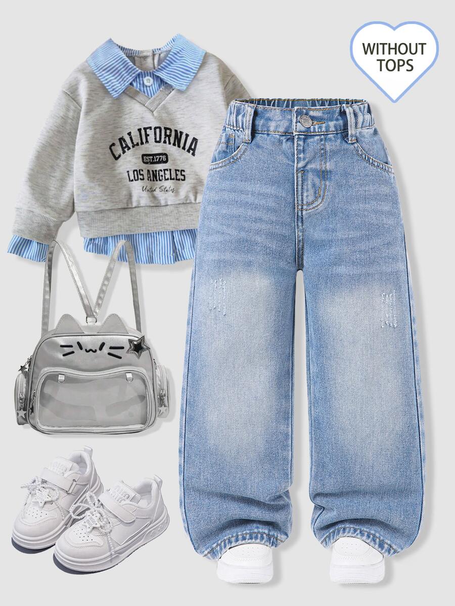 SHEIN Young Girl Y2K Street Daily Elastic Waist Straight Jeans With Flat Pockets Girls Daily OOTD Outfits - Dark Wash - View 1
