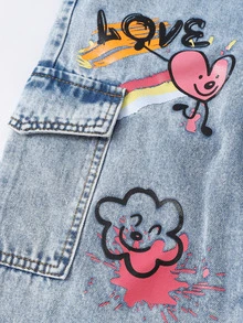 SHEIN Tween Girls Graffiti Heart Letter Print Y2K Style Light Blue Printed Simple Casual Loose Wide Leg Distressed Ripped Vintage Washed Denim Jeans - Blue - View 7